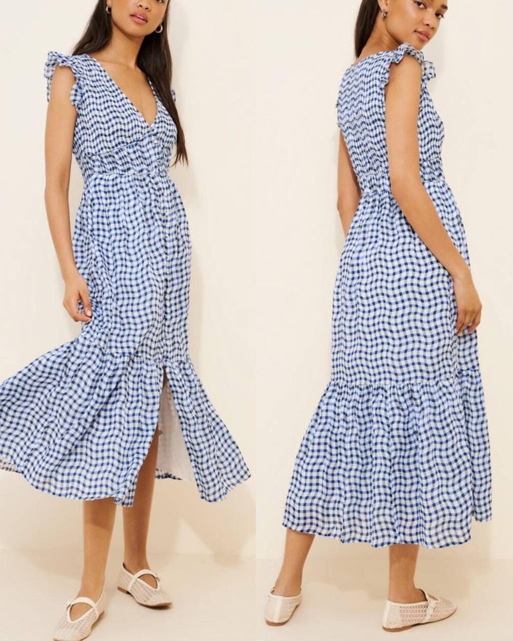 Anthropologie peregrine blue white checkered smocked cotton midi dress L petite